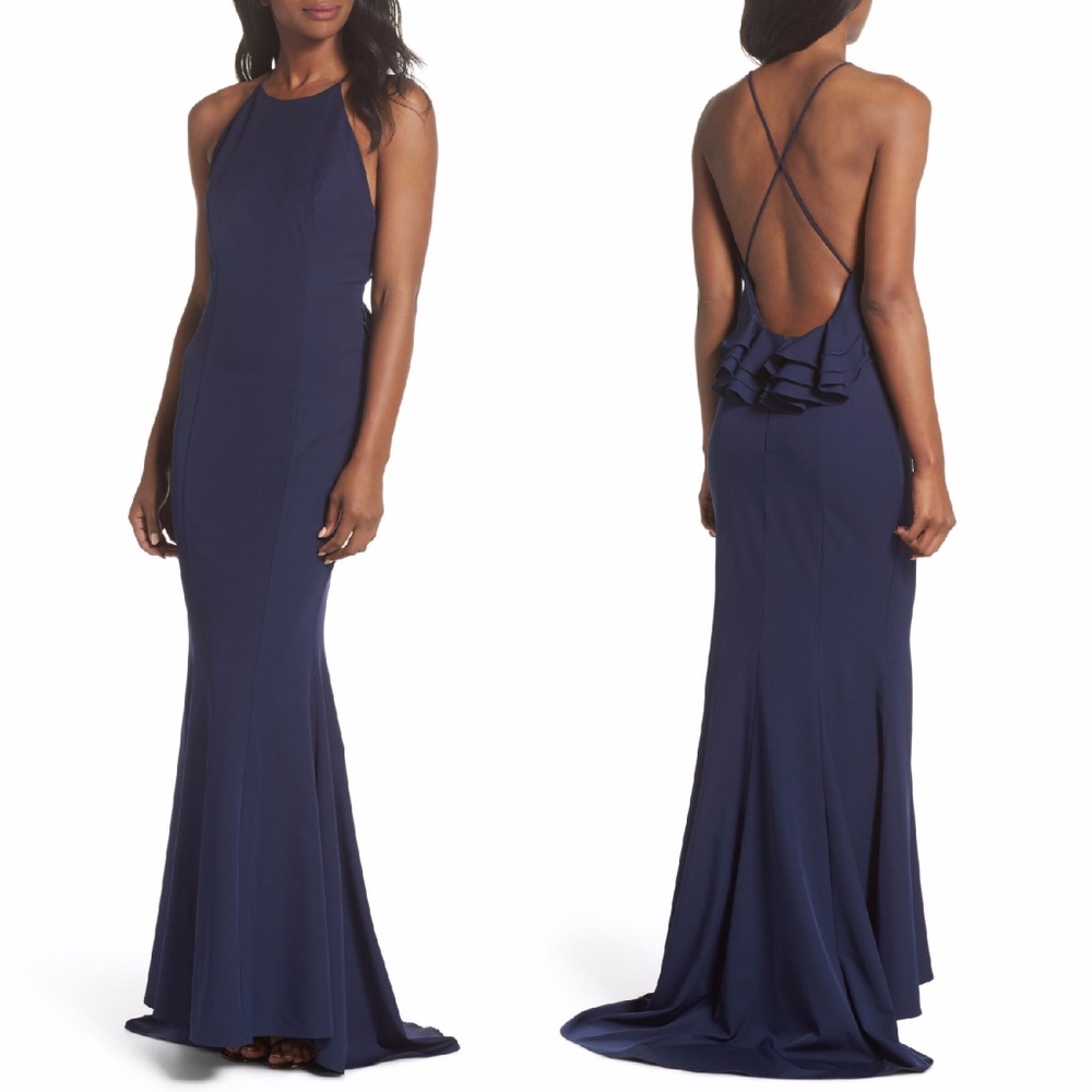 NEW JARLO Navy ZOE High Neck RUFFLE OPEN BACK GOWN